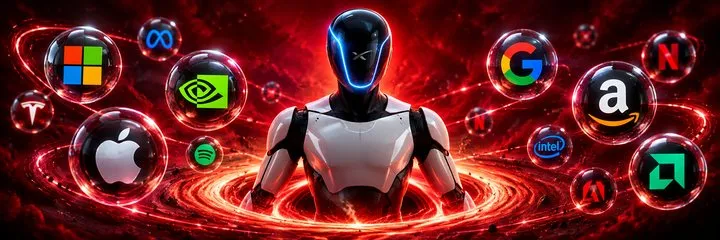The Stockimus banner: the Optimus robot in a red vortex, glass bubbles holding stock logos